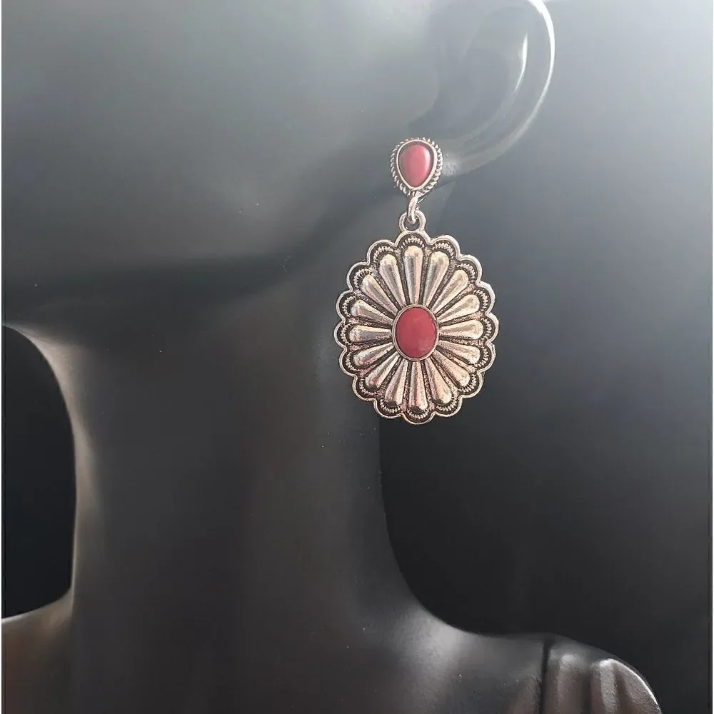 WESTERN SILVER RED TURQUOISE CONCHO SANTA FE STYLE DANGLE EARRINGS